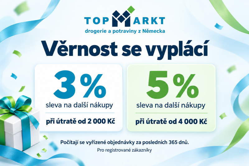 Věrnostní program Topmarkt: sleva 3 % při útratě od 2 000 Kč a 5 % od 4 000 Kč za vyřízené objednávky během posledních 365 dnů, pro registrované zákazníky